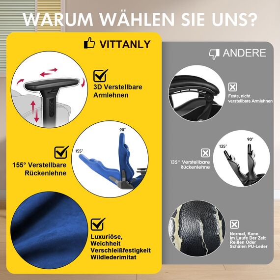 Vittanly Gaming Stuhl, Luxuriöser Wildlederimitat Gaming Chair Bürostuhl, Ergonomischer Schreibtischstuhl mit Fußstütze Kopfstütze und Lendenkissen, 3D Armlehnen, 90-155° Rückenlehne, Blau