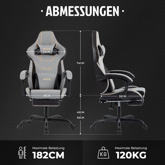 WOTSTA Gaming Stuhl Ergonomisch Gaming Chair Bürostuhl mit Fußstütze Racing Computerstuhl Höhenverstellbar Gepolstert Computerstuhl Lendenwirbelstütze Grauschwarz