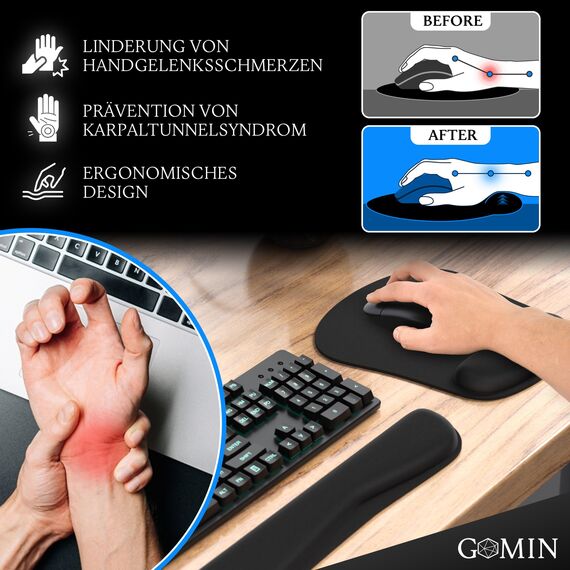 Gomin Mauspad mit Handauflage, Ergonomisches Tastaturpad und Mousepad 2 in 1, Handgelenkauflage für Tastatur und Maus löst Handgelenkschmerzen, Memory Foam Handballenauflage für Büro und Home Office