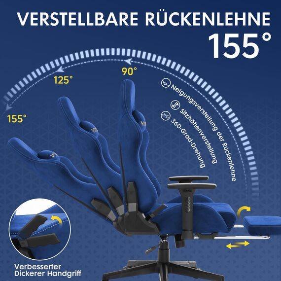 Vittanly Gaming Stuhl, Luxuriöser Wildlederimitat Gaming Chair Bürostuhl, Ergonomischer Schreibtischstuhl mit Fußstütze Kopfstütze und Lendenkissen, 3D Armlehnen, 90-155° Rückenlehne, Blau
