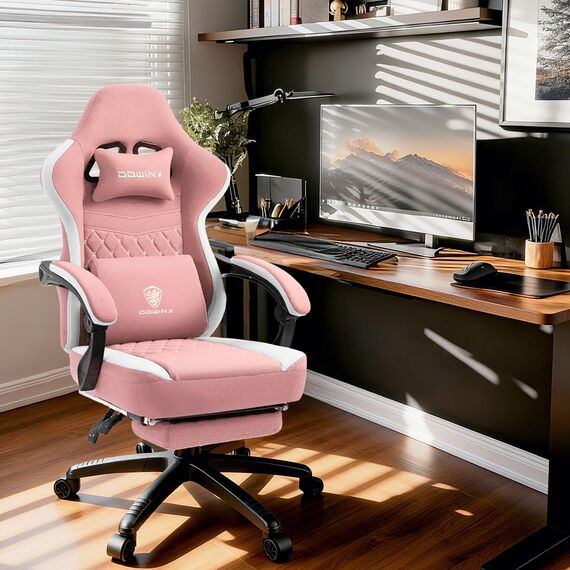 Dowinx Gaming Stuhl mit Taschenfederkissen, Verstellbarer Gaming Sessel mit Fußstütze, Ergonomischer Racing Gamer Stuhl 150 kg belastbarkeit, Rosa