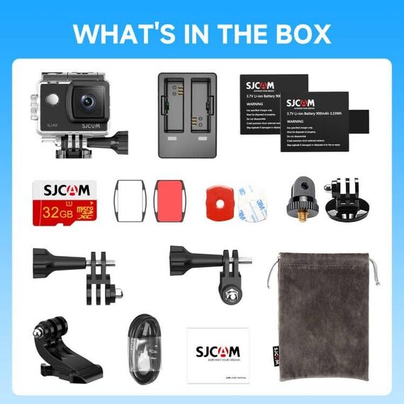 SJCAM SJ4000 Action Cam 4K30fps WiFi Unterwasserkamera,40MP Ultra HD 170°FOV mit EIS Bildstabilisierung, 30m/98ft Wasserdicht Sportkamera mit 2 Akkus, 32G SD Karte und Helmhalterung Zubehör Kits