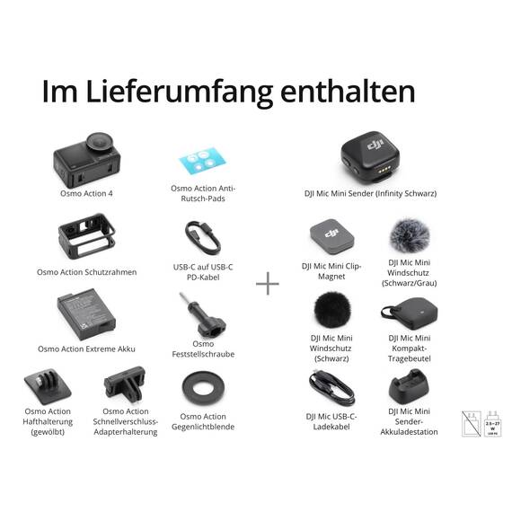DJI Osmo Action 4 + Mic Mini Sender (Infinity Schwarz), Action Cam, Wireless Mikrofon, Detailreicher Audio, OsmoAudio, Aktive Geräuschunterdrückung, Autom. Begrenzung