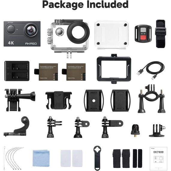 AKASO Action Cam,4K30FPS 20MP WiFi Unterwasserkamera EIS Stabilisierung 170° Weitwinkel Ultra HD Action Kamera mit 4X Zoom und 2x1050mAh Akkus-EK7000 Schwarz