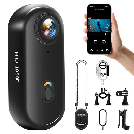NinjaCam Action Cam 1080P WiFi, Bodycam Körperkamera Mini, 360° Action Kamera, Sportkamera Wasserdicht bis 30M, Multifunctional Accessories, Vlog Kamera, Helmkamera Motorrad, Schwarz