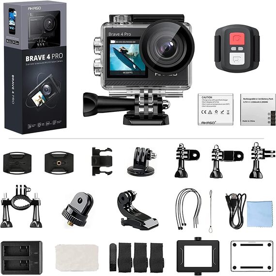AKASO Action Cam 4K 20MP WiFi 40M Unterwasserkamera Ultra HD Touchscreen 170 ° Einstellbar Weitwinkel, EIS Stabilisierung, 5X Zoom, 2.4G Fernbedienung und 2 Akkus 1350mAh- Brave 4 Pro (Grau)