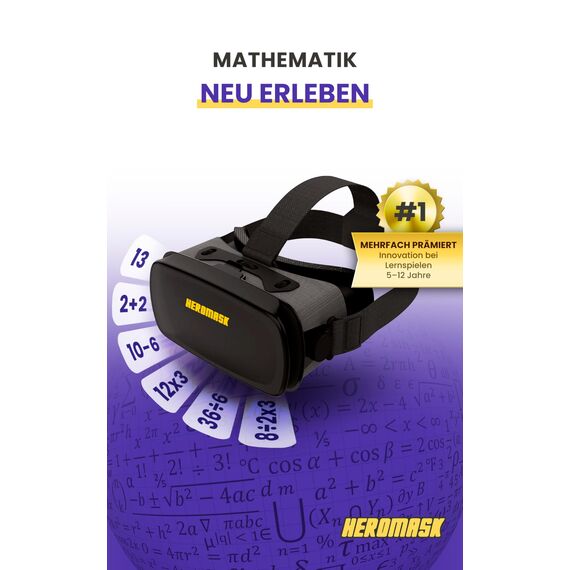 Heromask VR Brille Kinder + Mathe-Spiele 5–12 Jahre — Geschenk das Mathe-Muffel zu Rechen-Champions Macht | Addition, Multiplikation (Einmaleins für 7, 8 & 9 Jahre), Kopfrechnen & Mehr