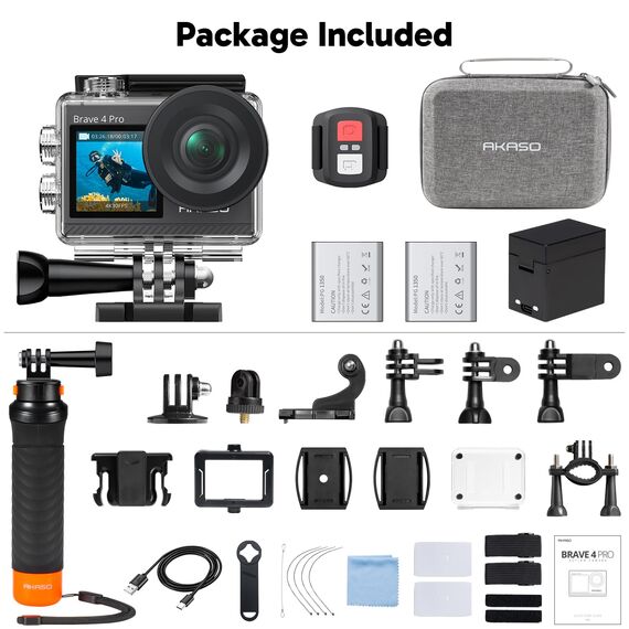 AKASO Brave 4 Pro Action Cam 4K30FPS 20MP mit Schwimmender Handgriff und Tasche 40M Unterwasserkamera Ultra HD Touchscreen 170 ° Weitwinkel, EIS Stabilisierung, 5X Zoom, 2.4G Fernbedienung und 2 Akkus