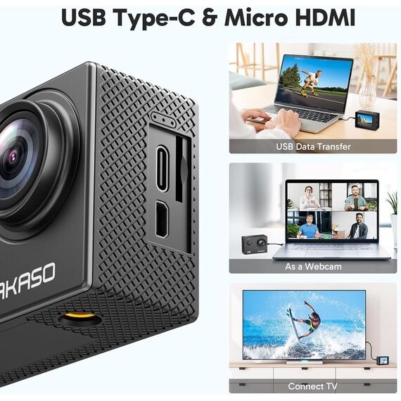 AKASO Action Cam,4K30FPS 20MP WiFi Unterwasserkamera EIS Stabilisierung 170° Weitwinkel Ultra HD Action Kamera mit 4X Zoom und 2x1050mAh Akkus-EK7000 Schwarz