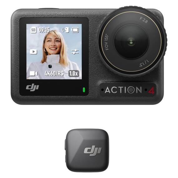 DJI Osmo Action 4 + Mic Mini Sender (Infinity Schwarz), Action Cam, Wireless Mikrofon, Detailreicher Audio, OsmoAudio, Aktive Geräuschunterdrückung, Autom. Begrenzung