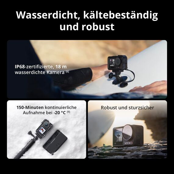 DJI Osmo Action 4 Essential-Combo, 4K/120fps Action Cam mit 1/1,3-Zoll-Sensor, Unterwasserkamera, Atemberaubende Low-Light-Aufnahmen, 10-Bit und D-Log M-Farbleistung, Langlebiger 1.770 mAh Akku