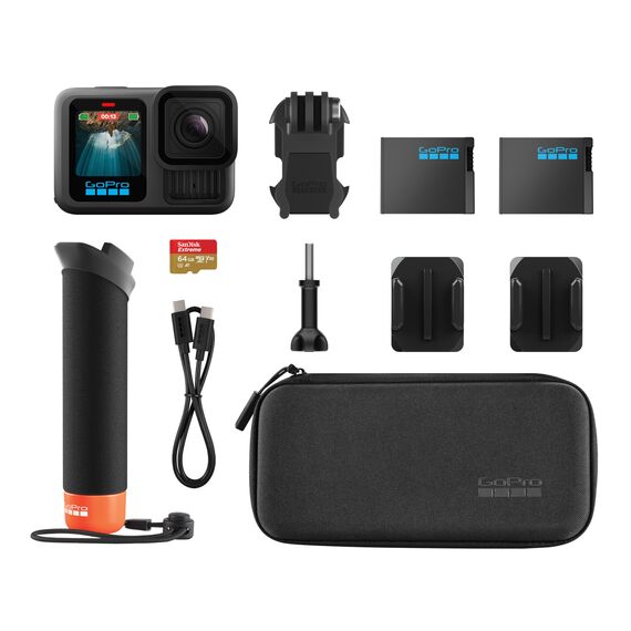 GoPro HERO13 Black Zubehörpaket – enthält den Handler (schwimmender Handgriff), 2 Enduro-Akkus, 2 Gebogene Klebehalterungen, 64GB SanDisk MicroSD-Karte, Tragetasche und mehr