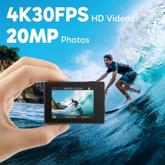 AKASO Action Cam,4K30FPS 20MP WiFi Unterwasserkamera EIS Stabilisierung 170° Weitwinkel Ultra HD Action Kamera mit 4X Zoom und 2x1050mAh Akkus-EK7000 Schwarz