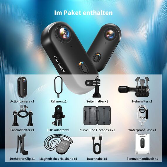NinjaCam Action Cam 1080P WiFi, Bodycam Körperkamera Mini, 360° Action Kamera, Sportkamera Wasserdicht bis 30M, Multifunctional Accessories, Vlog Kamera, Helmkamera Motorrad, Schwarz