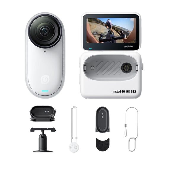 Insta360 GO 3S Fahrrad-POV-Bundle 128 GB Weiß - Tragbare 4K Mini-Kamera, Freihand-POVs, Überall anbringbar, Stabilisierung, 140 min Akku, 10 m wasserdicht, KI-Bearbeitung, Apple Find My