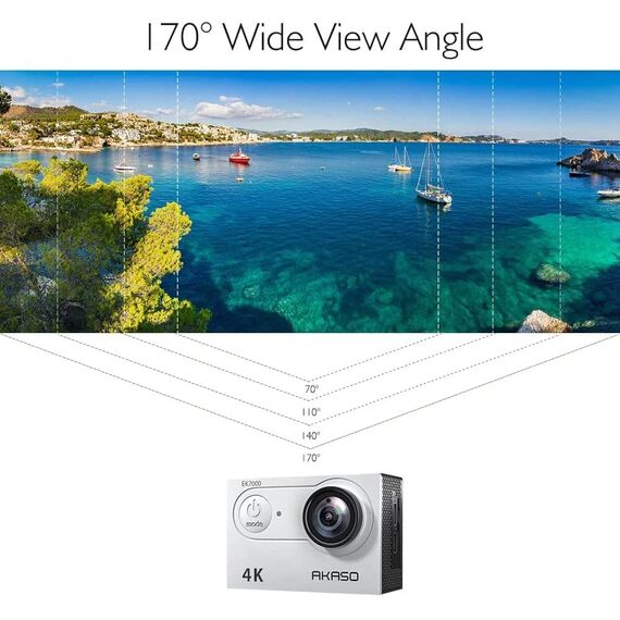 AKASO Action Cam EK7000 4K30FPS Action Kamera 170° Weitwinkel HD Unterwasserkamera 20MP WiFi wasserdichte Sport Kamera 2 Zoll LCD Bildschirm mit 2 Batterien (Silber)