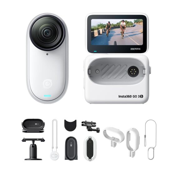 Insta360 GO 3S Fahrrad-MultiView-Bundle 128 GB Weiß - Tragbare 4K Mini-Kamera, Freihand-POVs, Überall anbringbar, Stabilisierung, 140 min Akku, 10 m wasserdicht, KI-Bearbeitung, Apple Find My