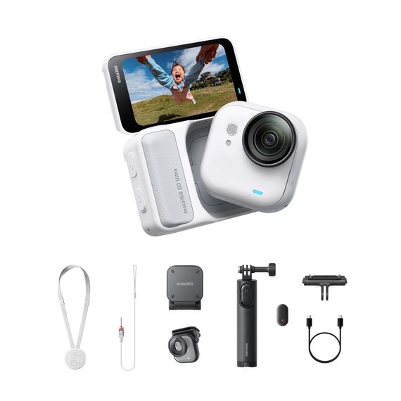 Insta360 GO Ultra Familien-Bundle Polarweiß- freihändige 4K Mini-Cam, leicht & mobil, top bei wenig Licht, überall anbringbar, FlowState-Stabilisierung, 200 Min Akku, 10 m wasserdicht, Fahrrad