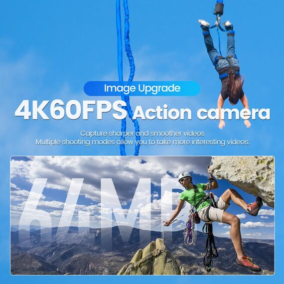 Camlance 4K 60FPS Touchscreen Action Cam mit 64GB Speicherkarte, HD 48MP 40M wasserdichte Unterwasserkamera 8X Zoom, WiFi EIS Helmkamera Fernbedienung Actionkameras, 2 * 1350 Akkus- Zubehör Kits