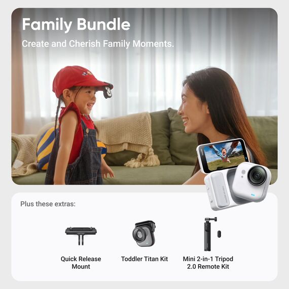 Insta360 GO Ultra Familien-Bundle Polarweiß- freihändige 4K Mini-Cam, leicht & mobil, top bei wenig Licht, überall anbringbar, FlowState-Stabilisierung, 200 Min Akku, 10 m wasserdicht, Fahrrad