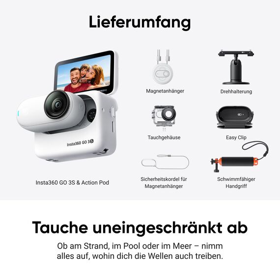 Insta360 GO 3S Wassersport-Bundle - Tragbare 4K Mini-Kamera, Freihand-POVs, Überall anbringbar, Stabilisierung, 140 min Akku, 10 m wasserdicht, KI-Bearbeitung, Schwarz, für Vlogs, Reisen, Outdoor