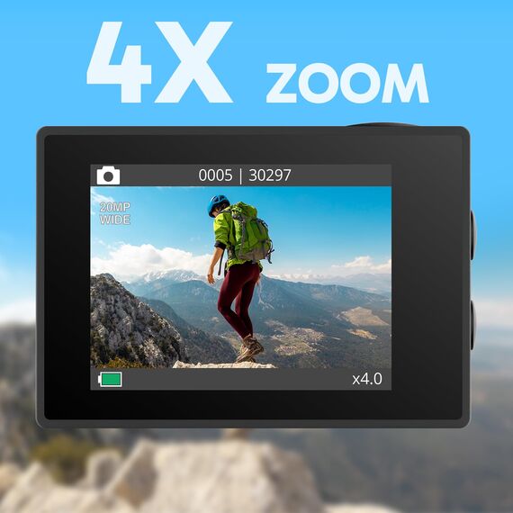 AKASO Action cam 4K wasserdicht Unterwasserkamera 40M - Ultra HD 20MP 170 ° Weitwinkel WiFi Sports Kamera Doppelbildschirm, EIS Stabilisierung, Touchscreen, 5X Zoom, Dual 1350mAh Akku&Montagesets