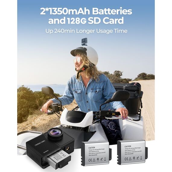 TIMNUT 4K 60FPS Action Cam, Unterwasserkamera mit 128G SD Karte 48MP HD WiFi Kamera mit EIS 40M Wasserdicht Actionkameras Weitwinkel Sportkamera mit 2 * 1350 mAh Akkus Helmhalterung Zubehör Kits