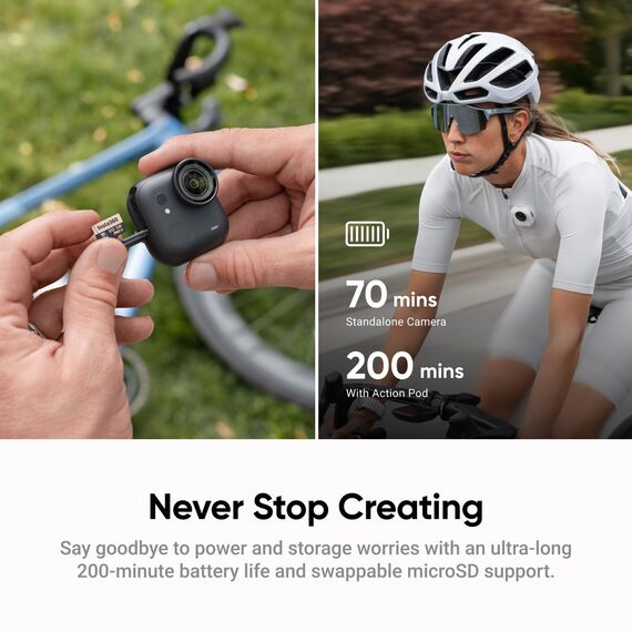 Insta360 GO Ultra Must-Have-Bundle Nachtschwarz- freihändige 4K Mini-Cam, leicht & mobil, top bei wenig Licht, überall anbringbar, FlowState-Stabilisierung, 10 m wasserdicht, Fahrrad- und Lauf-Cam