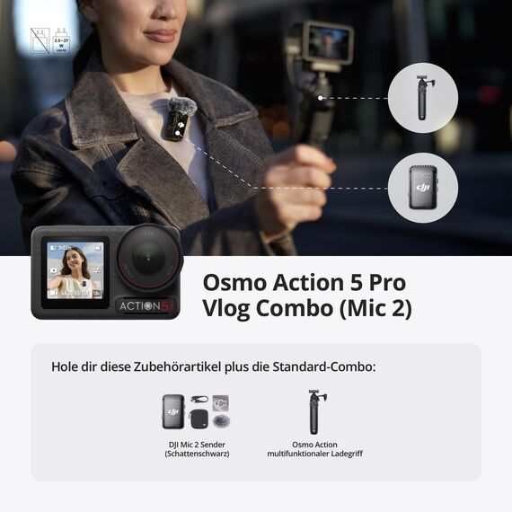 DJI Osmo Action 5 Pro Vlog Combo (Mic 2), Action-Kamera 4K ideal für Vlogger mit Ladegriff und Mic 2 Sender, Mini-Actionkamera mit 1/1.3″ Sensor, 4 Std. Laufzeit, Zwei OLED-Touchscreens