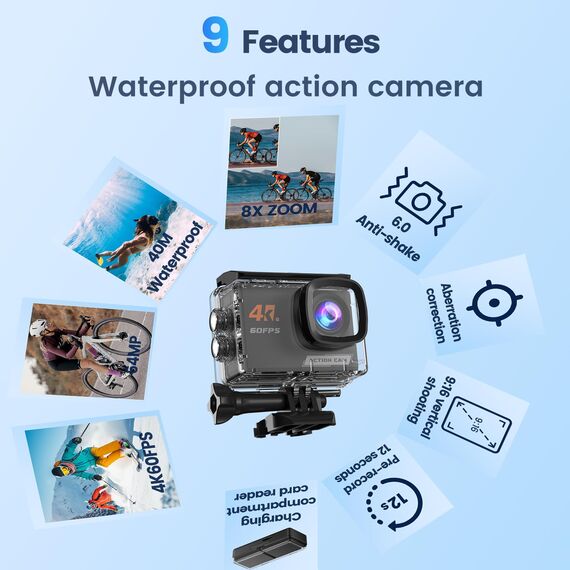 Camlance 4K 60FPS Touchscreen Action Cam mit 64GB Speicherkarte, HD 48MP 40M wasserdichte Unterwasserkamera 8X Zoom, WiFi EIS Helmkamera Fernbedienung Actionkameras, 2 * 1350 Akkus- Zubehör Kits