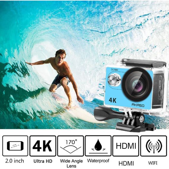 AKASO Action Cam EK7000 4K30FPS Action Kamera 170° Weitwinkel HD Unterwasserkamera 20MP WiFi wasserdichte Sport Kamera 2 Zoll LCD Bildschirm mit 2 Batterien (Blau)