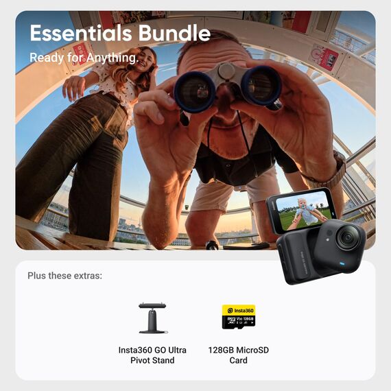 Insta360 GO Ultra Must-Have-Bundle Nachtschwarz- freihändige 4K Mini-Cam, leicht & mobil, top bei wenig Licht, überall anbringbar, FlowState-Stabilisierung, 10 m wasserdicht, Fahrrad- und Lauf-Cam