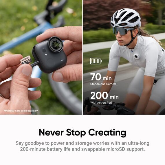 Insta360 GO Ultra Familien-Bundle Polarweiß- freihändige 4K Mini-Cam, leicht & mobil, top bei wenig Licht, überall anbringbar, FlowState-Stabilisierung, 200 Min Akku, 10 m wasserdicht, Fahrrad