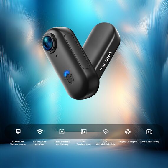 NinjaCam Action Cam 4K WiFi, Bodycam Mini Körperkamera, Helmkamera Motorrad, Sportkamera Wasserdicht bis 30M, Vlog Kamera, Tragbare Kabellose Actionkamera für Outdoor Sportarten, Schwarz