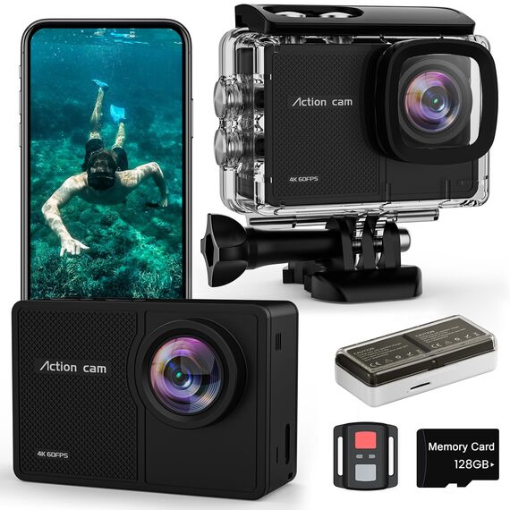TIMNUT 4K 60FPS Action Cam, Unterwasserkamera mit 128G SD Karte 48MP HD WiFi Kamera mit EIS 40M Wasserdicht Actionkameras Weitwinkel Sportkamera mit 2 * 1350 mAh Akkus Helmhalterung Zubehör Kits