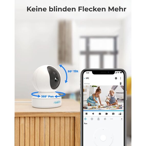 Reolink WLAN IP Kamera Indoor Schwenkbar, 2K 3MP Hund Haustier Indoor Kamera, 2,4 GHz WLAN Überwachungskamera Innen, Zwei-Wege-Audio, Baby Monitor mit Personen-/Haustiererkennung, E1