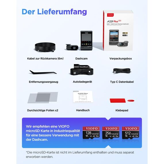 VIOFO A229 Plus 2K + 2K Dual STARVIS 2, HDR Vorne hinten Dashcam Auto, Sprachsteurung & 5GHz Wi-Fi WLAN Autokamera, Ultrapräzises GPS, Super Nachtsicht 2.0, 2,4” Großer LCD, Sprachausgabe, 512 GB Max