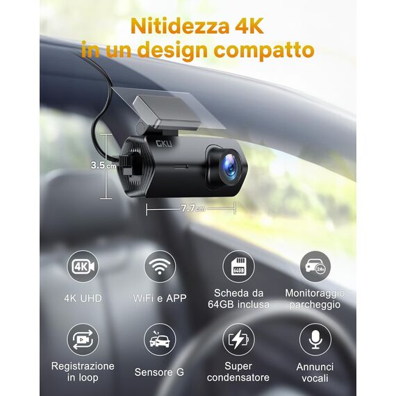 GKU 4K Dashcam Auto,Dashcam Auto Vorne, Auto Kamera mit integriertem WLAN,170° Weitwinkel,Nachtsicht,WDR,24H Parküberwachung,Loop-Aufnahme,G-Sensor,Dash cam inklusive 64GB SD Karte