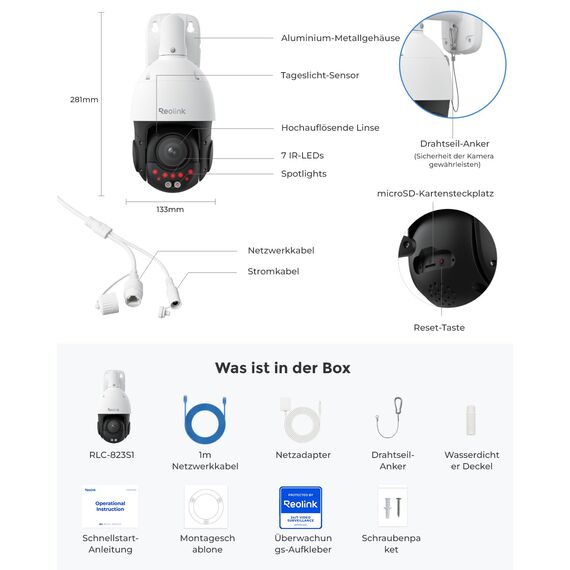 Reolink 4K 8MP UHD PTZ Outdoor Überwachungskamera PoE mit 5X 3D optischem Zoom, Auto-Tracking, Farbnachtsicht, smarte Personen-/Fahrzeug-/Tier-Erkennung, Zwei-Wege-Audio, 24/7 Aufzeichnung, RLC-823S1