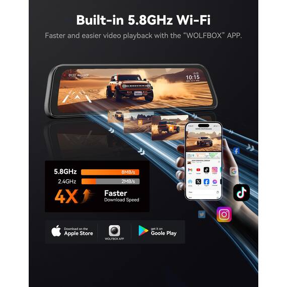 WOLFBOX 12" G840S 4K Spiegel Dashcam mit Rückfahrkamera, 5.8GHz WiFi Auto Kamera mit IPS-Touchscreen Dual Dash Cam Spiegel, Loop-Aufnahme und G-Sensor, Parküberwachung, GPS, kostenlose 32 GB-Karte