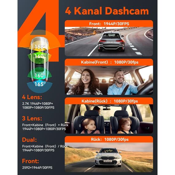 VANTRUE N5 4 Kanal 2.7K STARVIS 2 Dashcam Auto 1944P+ 3 Lens 1080P Dash Cam Vorne Innen Hinten, 5.8GHz WiFi, IMX675 HDR Nachtsicht Dash Camera Auto 24H Parkmodus, Sprachbefehle, Max 1TB
