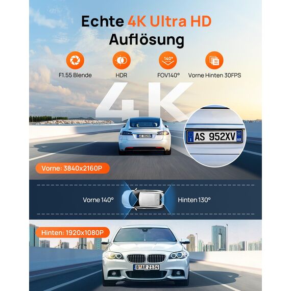 70mai A800SE Dashcam Auto Vorne Hinten 4K HDR 2160P+1080P, Dual Autokamera 3" IPS, F1.55 Blende Nachtsicht, 210Sek.Puffer Notfall-Voraufzeichnung, Parküberwachung (Enthält Keine Micro-SD-Karte)
