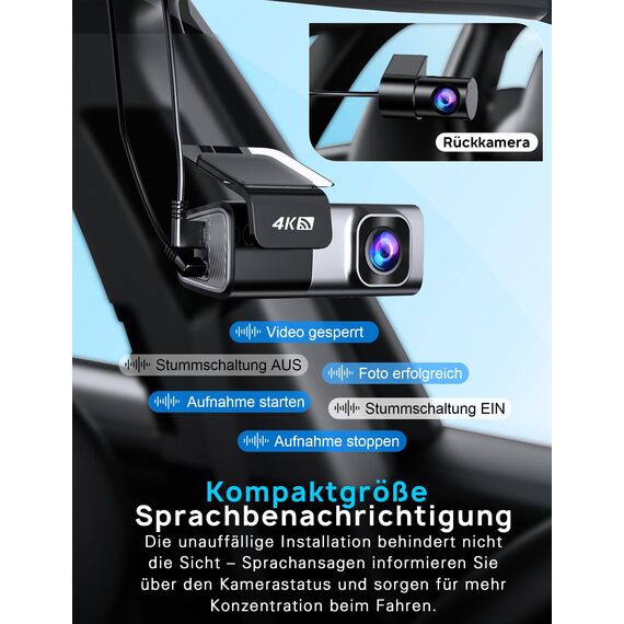 Dashcam Auto Vorne Hinten 4K+1080P, Navycrest 5GHz WiFi Dash Cam mit 64GB SD Karte, Dual Auto Kamera mit Super Nachtsicht, WDR, G-Sensor, 24/7 Parküberwachung, Loop-Aufnahme, APP Steuerung, Max 256G