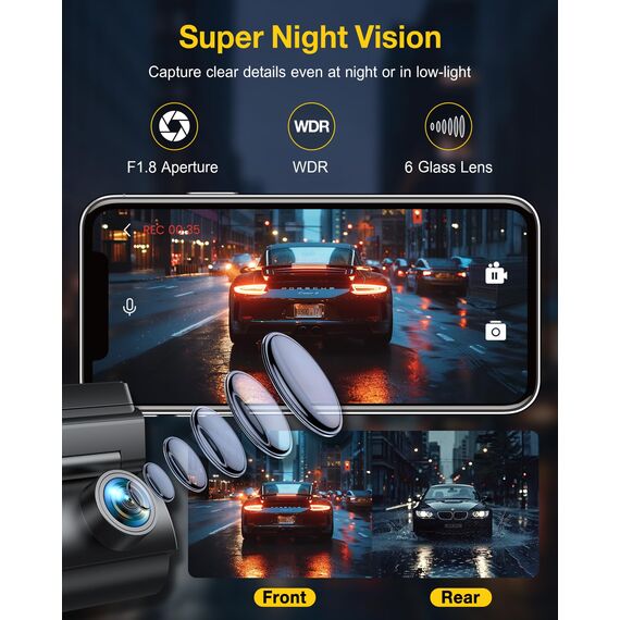 GKU 4K Dashcam Auto Vorne Hinten, 5GHz WiFi GPS, Dual Dash Cam, 1.5” IPS Mini Auto Kamera mit 64GB SD Karte, Parküberwachung, Super Nachtsicht, WDR, 170° Weitwinkel, G-Sensor, APP Steuerung, Max 256GB