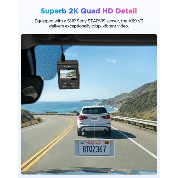 VIOFO A119 V3 Dashcam 2K 60fps mit GPS, 24 Std. Puffer Parkmodus Autokamera, Nur Frontscheibe 2560x1600P, Quad HD IMX355 5MP Sensor HDR, Ultra Nachtsicht Mini Dash Cam, 140°Weitwinkel Auto Kamera