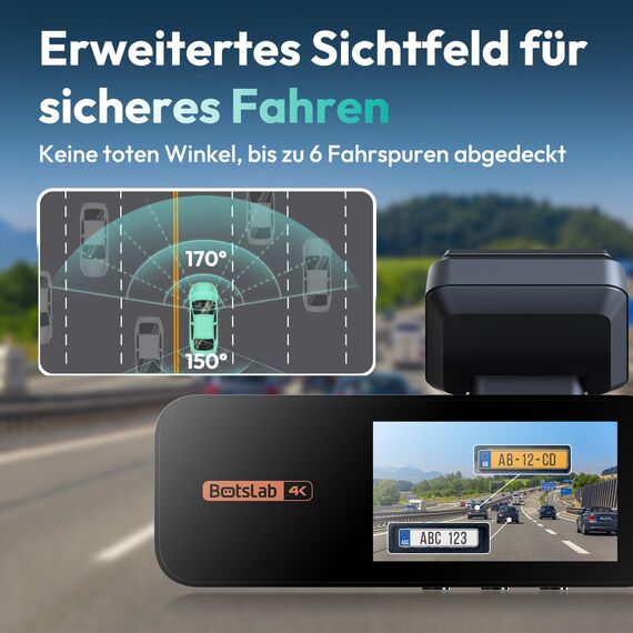 BOTSLAB Dashcam Auto Vorne Hinten 4K+2K mit GPS WiFi und Hardwire-Kit, Dash Cam Auto Kamera mit ADAS, Kostenlose 64-GB-Karte, 24/7 Parküberwachung, 2,45" IPS, Nachtsicht, WDR, 170°Weitwinkel