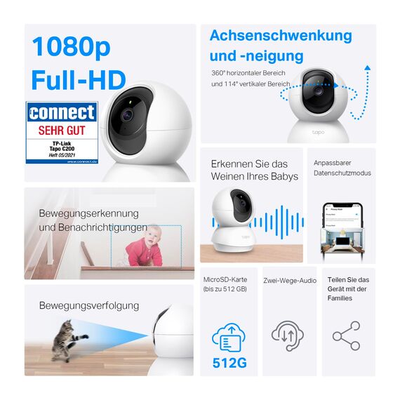 Tapo TP-Link C200 360°-WLAN-Überwachungskamera für den Innenbereich, FHD 1080P, Nachtsicht, Bewegungserkennung, Zwei-Wege-Audio, kompatibel mit Alexa und Google Assistant, für Babys/Haustiere