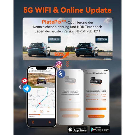 VANTRUE N4 Pro 3 HDR 4K+ 1080P+ 1080P STARVIS 2 Dashcam Auto, 5G WiFi PlatePix™ Dash Cam GPS 360° Puffer Parküberwachung Auto Kamera, IR Nachtsicht, Sprachbefehl, Privatsphäremodi, 2.45” 1TB Max