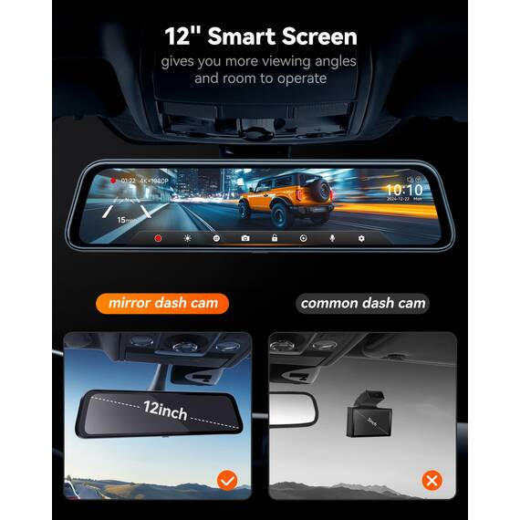 WOLFBOX 12" G840S 4K Spiegel Dashcam mit Rückfahrkamera, 5.8GHz WiFi Auto Kamera mit IPS-Touchscreen Dual Dash Cam Spiegel, Loop-Aufnahme und G-Sensor, Parküberwachung, GPS, kostenlose 32 GB-Karte