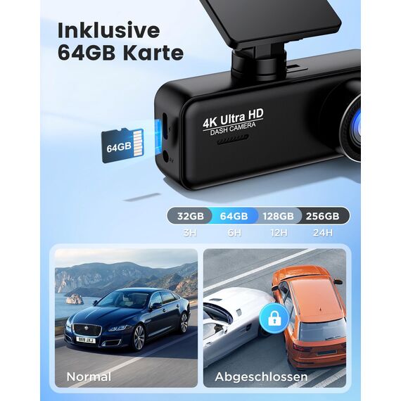 Dashcam Auto 4K+1080P SIGRILL Dashcam Auto Vorne Hinten, WiFi Dash Cam APP Steuerung, kostenlose 64-GB-Karte, Ultra Nachtsicht Daschcam, 24H Parkmodus, G-Sensor, Loop-Aufnahme, Max 256GB